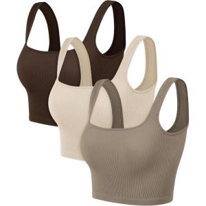 image:imageODODOS 3Pack Seamless Square Neck Crop Tank for Women Ribbed Knit Soft Low Back Cropped TopsBrunetteoatmealtaupe