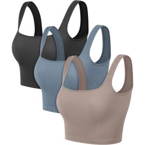 image:imageODODOS 3Pack Seamless Square Neck Crop Tank for Women Ribbed Knit Soft Low Back Cropped TopsCharcoaldusty Bluebark