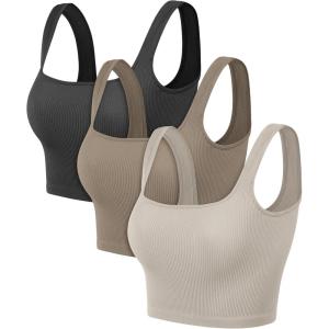 image:imageODODOS 3Pack Seamless Square Neck Crop Tank for Women Ribbed Knit Soft Low Back Cropped TopsMushroomtaupecharcoal