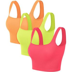 image:imageODODOS 3Pack Seamless Square Neck Crop Tank for Women Ribbed Knit Soft Low Back Cropped TopsNeon Pinkgreenorange