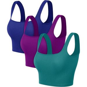 image:imageODODOS 3Pack Seamless Square Neck Crop Tank for Women Ribbed Knit Soft Low Back Cropped TopsPhloxsea Greenlapis