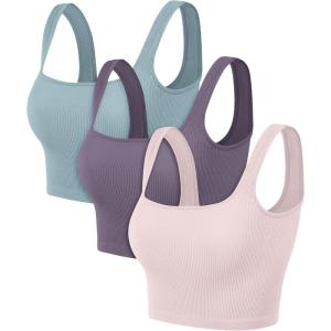 image:imageODODOS 3Pack Seamless Square Neck Crop Tank for Women Ribbed Knit Soft Low Back Cropped TopsPink Lacevioleticeberg