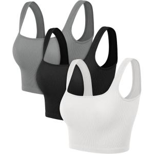image:imageODODOS 3Pack Seamless Square Neck Crop Tank for Women Ribbed Knit Soft Low Back Cropped TopsWhiteblackgray