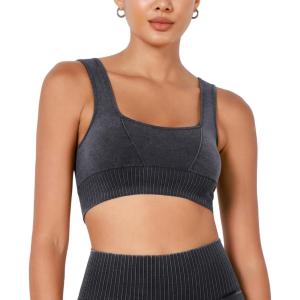 image:imageODODOS Seamless Square Neck Sports Bra for Women Ribbed Crop Tank Casual Low Back Cropped TopsStone Washing Black