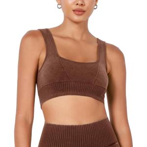 image:imageODODOS Seamless Square Neck Sports Bra for Women Ribbed Crop Tank Casual Low Back Cropped TopsStone Washing Brown