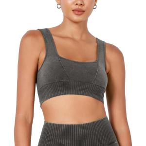 image:imageODODOS Seamless Square Neck Sports Bra for Women Ribbed Crop Tank Casual Low Back Cropped TopsStone Washing Charcoal