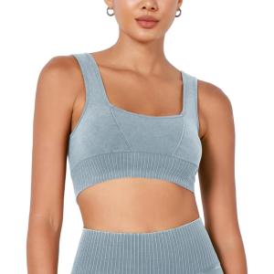 image:imageODODOS Seamless Square Neck Sports Bra for Women Ribbed Crop Tank Casual Low Back Cropped TopsStone Washing Coast Line