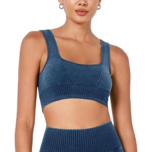 image:imageODODOS Seamless Square Neck Sports Bra for Women Ribbed Crop Tank Casual Low Back Cropped TopsStone Washing Cobalt Blue