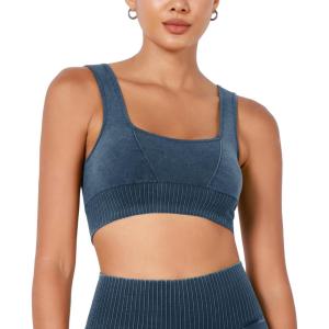image:imageODODOS Seamless Square Neck Sports Bra for Women Ribbed Crop Tank Casual Low Back Cropped TopsStone Washing Denim Blue