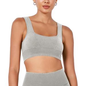 image:imageODODOS Seamless Square Neck Sports Bra for Women Ribbed Crop Tank Casual Low Back Cropped TopsStone Washing Grey