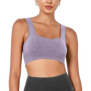 image:imageODODOS Seamless Square Neck Sports Bra for Women Ribbed Crop Tank Casual Low Back Cropped TopsStone Washing Lavender