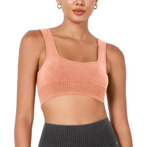 image:imageODODOS Seamless Square Neck Sports Bra for Women Ribbed Crop Tank Casual Low Back Cropped TopsStone Washing Orange