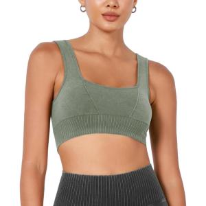 image:imageODODOS Seamless Square Neck Sports Bra for Women Ribbed Crop Tank Casual Low Back Cropped TopsStone Washing Sage Green