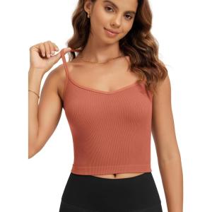 image:imageODODOS Seamless Sweetheart Neck Crop Tank for Women Ribbed Strappy Racerback Cropped Cami TopsCoral