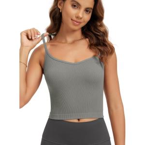 image:imageODODOS Seamless Sweetheart Neck Crop Tank for Women Ribbed Strappy Racerback Cropped Cami TopsGray