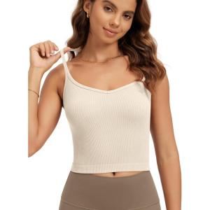 image:imageODODOS Seamless Sweetheart Neck Crop Tank for Women Ribbed Strappy Racerback Cropped Cami TopsIvory