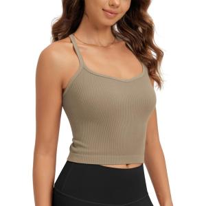 image:imageODODOS Seamless Sweetheart Neck Crop Tank for Women Ribbed Strappy Racerback Cropped Cami TopsTaupe
