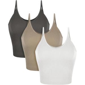 image:imageODODOS V Neck Seamless Crop Tank for Women Ribbed Knit Soft Cropped Camisole TopsCharcoaltaupewhite