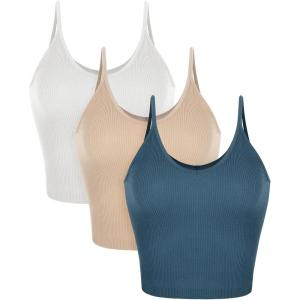 image:imageODODOS V Neck Seamless Crop Tank for Women Ribbed Knit Soft Cropped Camisole TopsWhitebeigeocean