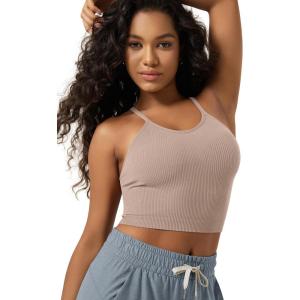 image:imageODODOS Womens Crop Seamless RibKnit Camisole Strappy Racerback Cropped Tank TopsBark
