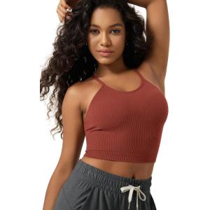 image:imageODODOS Womens Crop Seamless RibKnit Camisole Strappy Racerback Cropped Tank TopsBarn Red