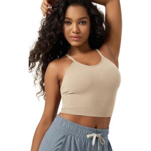 image:imageODODOS Womens Crop Seamless RibKnit Camisole Strappy Racerback Cropped Tank TopsBeige