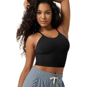 image:imageODODOS Womens Crop Seamless RibKnit Camisole Strappy Racerback Cropped Tank TopsBlack