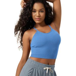 image:imageODODOS Womens Crop Seamless RibKnit Camisole Strappy Racerback Cropped Tank TopsBlue