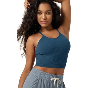 image:imageODODOS Womens Crop Seamless RibKnit Camisole Strappy Racerback Cropped Tank TopsBlue Ashes