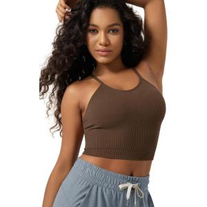 image:imageODODOS Womens Crop Seamless RibKnit Camisole Strappy Racerback Cropped Tank TopsBrunette