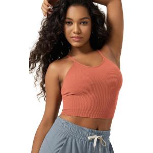 image:imageODODOS Womens Crop Seamless RibKnit Camisole Strappy Racerback Cropped Tank TopsCoral
