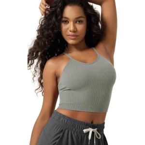 image:imageODODOS Womens Crop Seamless RibKnit Camisole Strappy Racerback Cropped Tank TopsGray