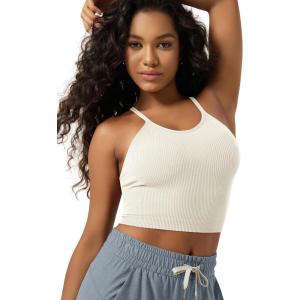 image:imageODODOS Womens Crop Seamless RibKnit Camisole Strappy Racerback Cropped Tank TopsIvory