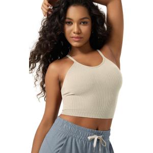 image:imageODODOS Womens Crop Seamless RibKnit Camisole Strappy Racerback Cropped Tank TopsMushroom