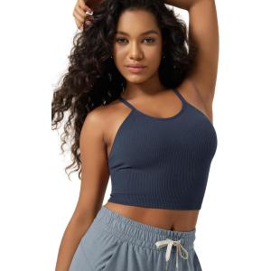 image:imageODODOS Womens Crop Seamless RibKnit Camisole Strappy Racerback Cropped Tank TopsNavy
