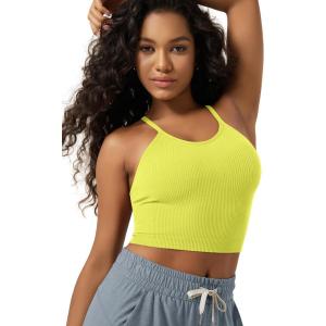 image:imageODODOS Womens Crop Seamless RibKnit Camisole Strappy Racerback Cropped Tank TopsNeon Green