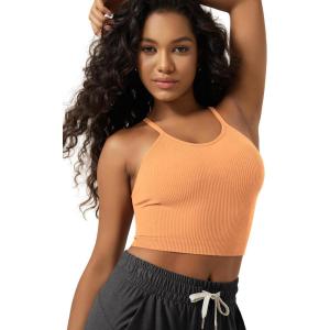 image:imageODODOS Womens Crop Seamless RibKnit Camisole Strappy Racerback Cropped Tank TopsNeon Orange