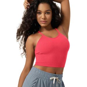image:imageODODOS Womens Crop Seamless RibKnit Camisole Strappy Racerback Cropped Tank TopsNeon Pink