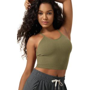 image:imageODODOS Womens Crop Seamless RibKnit Camisole Strappy Racerback Cropped Tank TopsNutria