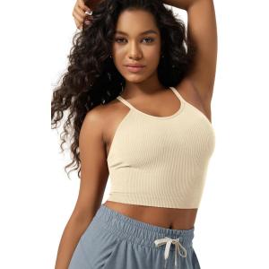 image:imageODODOS Womens Crop Seamless RibKnit Camisole Strappy Racerback Cropped Tank TopsOatmeal