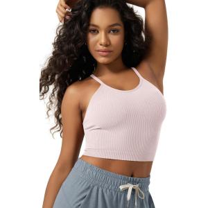 image:imageODODOS Womens Crop Seamless RibKnit Camisole Strappy Racerback Cropped Tank TopsPink Lace