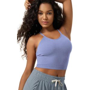image:imageODODOS Womens Crop Seamless RibKnit Camisole Strappy Racerback Cropped Tank TopsPurple