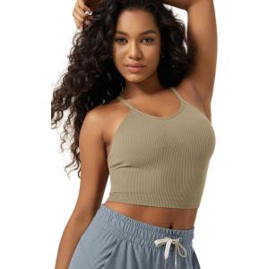 image:imageODODOS Womens Crop Seamless RibKnit Camisole Strappy Racerback Cropped Tank TopsTaupe