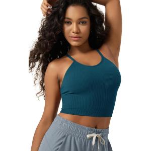 image:imageODODOS Womens Crop Seamless RibKnit Camisole Strappy Racerback Cropped Tank TopsTeal