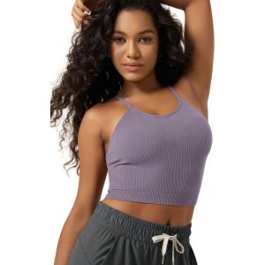 image:imageODODOS Womens Crop Seamless RibKnit Camisole Strappy Racerback Cropped Tank TopsViolet