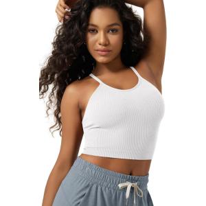 image:imageODODOS Womens Crop Seamless RibKnit Camisole Strappy Racerback Cropped Tank TopsWhite