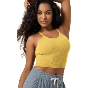 image:imageODODOS Womens Crop Seamless RibKnit Camisole Strappy Racerback Cropped Tank TopsYellow