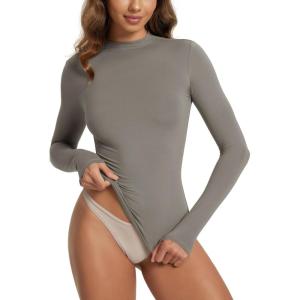 image:imageODODOS Womens Double Layer Mock Neck Long Sleeve TShirts UltraSoft Lightweight Basic Tee Slim Fit TopDesert Taupe