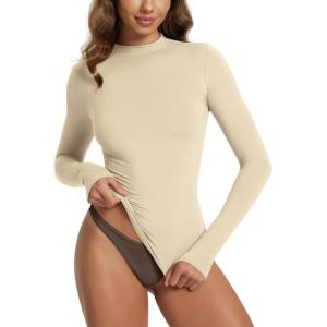 image:imageODODOS Womens Double Layer Mock Neck Long Sleeve TShirts UltraSoft Lightweight Basic Tee Slim Fit TopWheat
