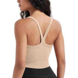 image:imageODODOS Womens Seamless Crop Cami Wide Scoop Neck Ribbed Soft Open Racerback Cropped TankBeige